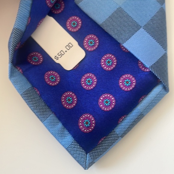Blue Plaid Mens Necktie Handmade by John Sparks with Tag Attached - Picture 7 of 7